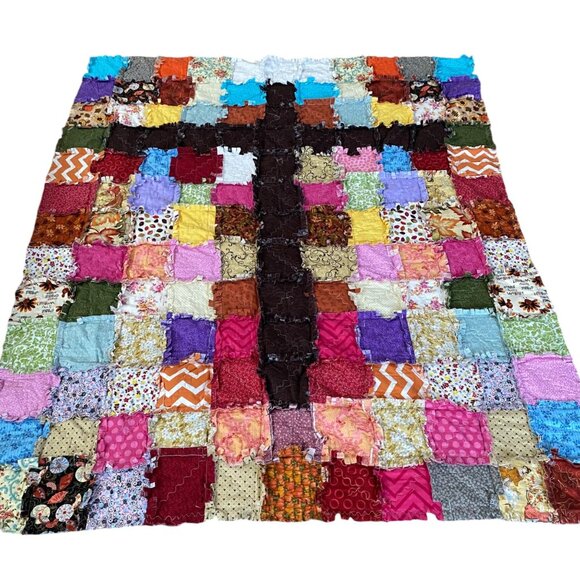 Handmade Patchwork Rag Quilt Multicolor Cross Design Shaggy Cotton Blanket 51x60 - Picture 1 of 8